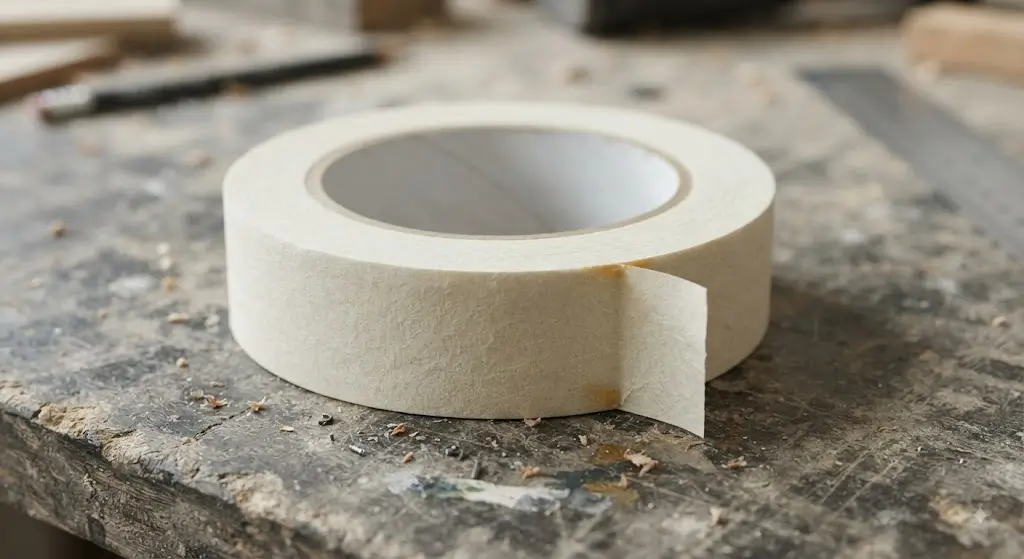 Cream colored masking tape rolls stacked